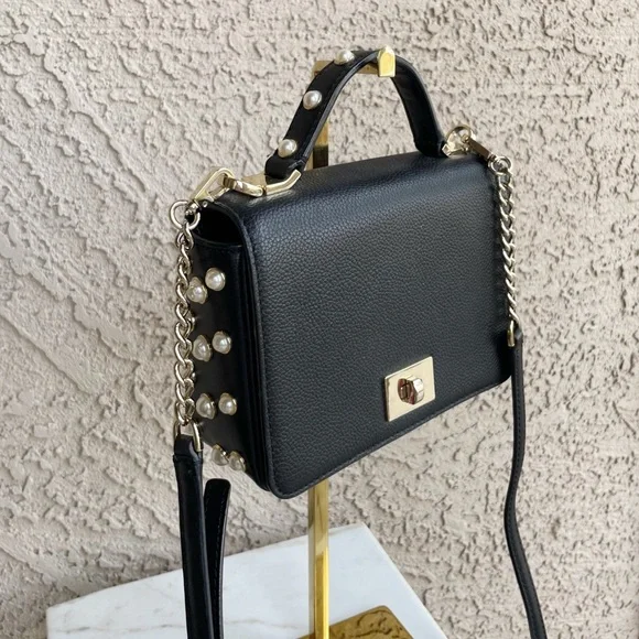 KATE SPADE Black Glitter Leather Serrano Place Pearl Mini Satchel Crossbody Bag